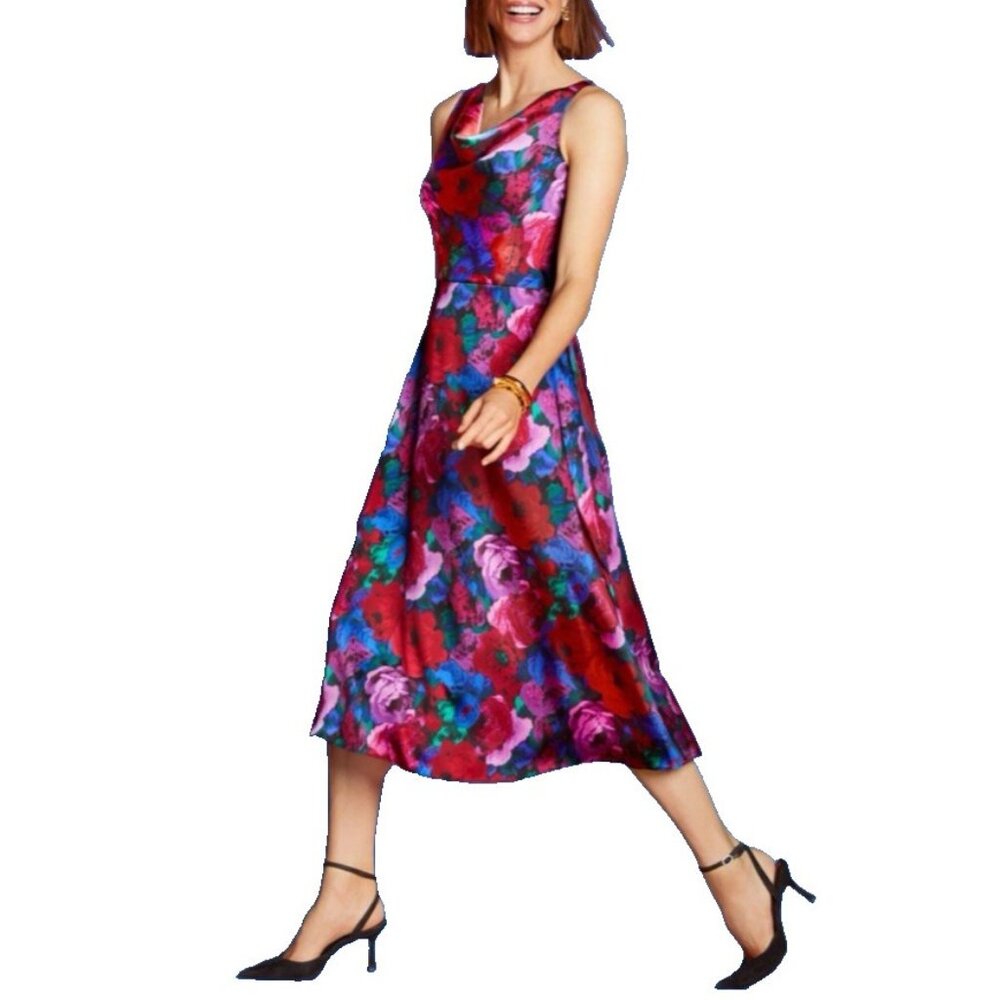 Talbots Midi Dress 10 Silky Floral A Line Sleeveless Blue Pink Washable NEW $169